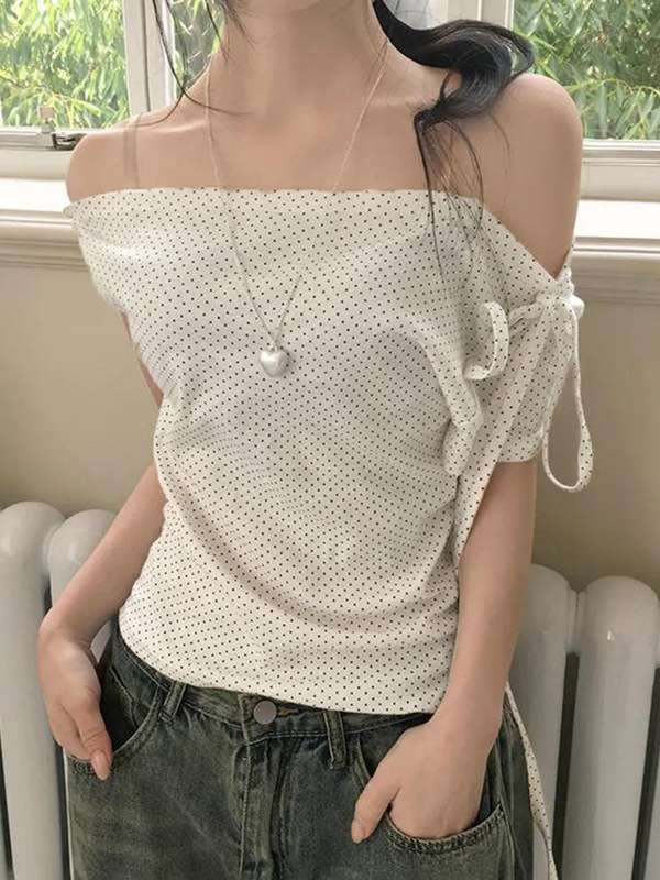 eihey诶嘿甜美少女撞色波点不对称露肩系带T恤百搭休闲修身上衣女|undefined