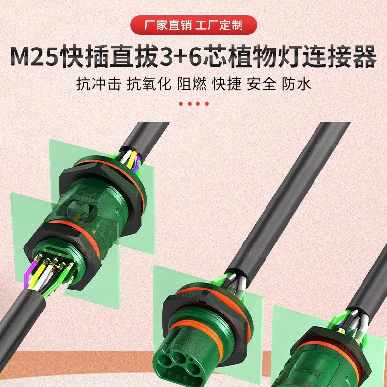 新品植物灯防水连接器板对板航空插头M25快插直拔3+6芯插头定制UL