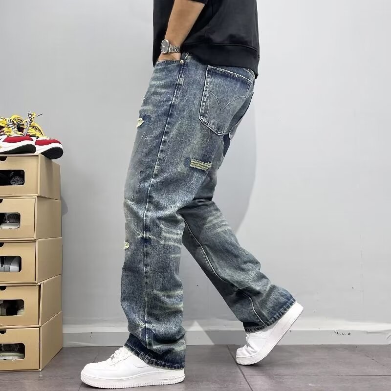 High-end Retro Ripped Jeans Men's Trendy Brand Personalized Scratched Patch Embroidery Slim Straight Pants Men's Spring And Autumn_mkmklike.com