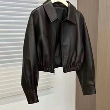 黑色软皮衣外套女2025新款黑色方领小众设计感机车拉链短款皮夹克