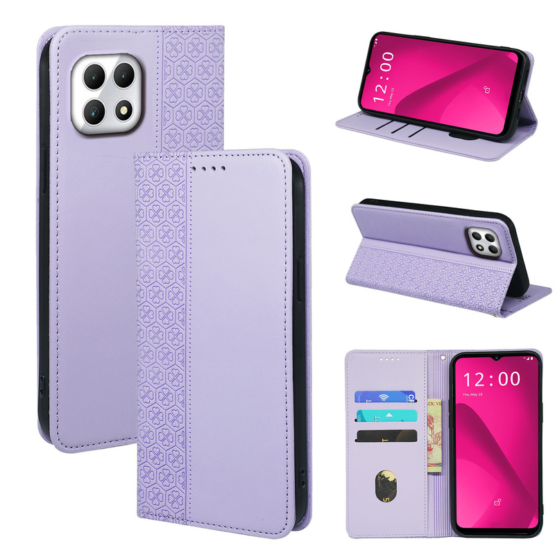 For T-Mobile Revvl 7/7 Pro Mobile Phone Leather Case Four-leaf Clover Flower Heart Printed Strong Magnetic Mobile Phone Leather Case