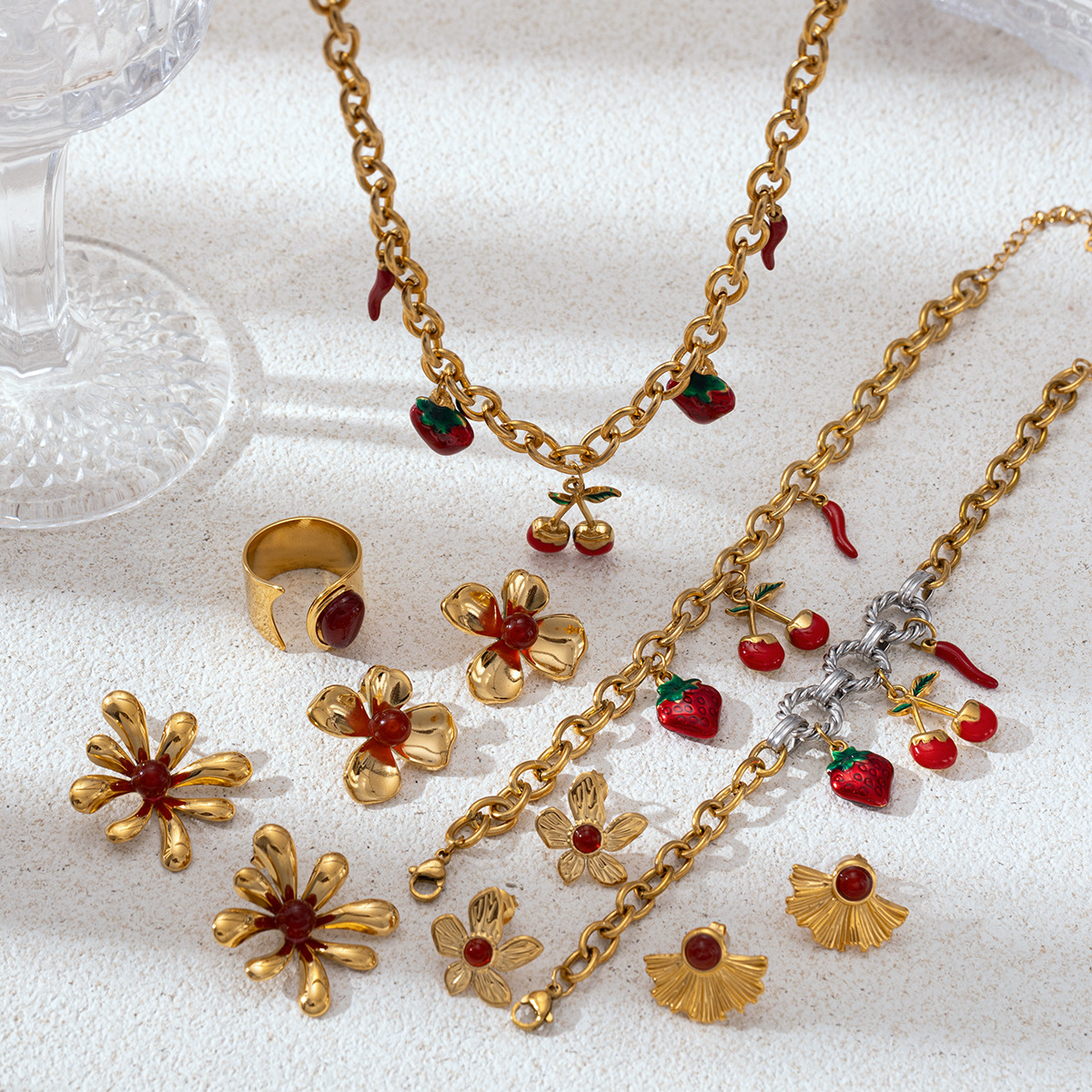 Collar de acero inoxidable de la UE y los Estados Unidos, lujo ligero, nicho de moda, flores rojas, set de joyas de goteo de aceite, venta caliente
