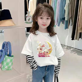 童装女童假两件长袖t恤春秋款儿童上衣秋装中大童纯棉条纹打底衫