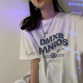 网红情侣装短袖T恤女ins潮2021新款宽松chic港风字母班服