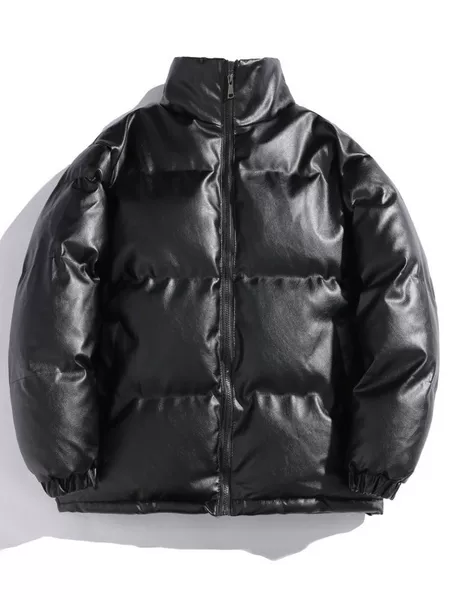 Shiny leather cotton jacket, unisex style, PU leather cotton coat, winter stand-up collar, men's fashionable and trendy, high-end, warm, and windproof