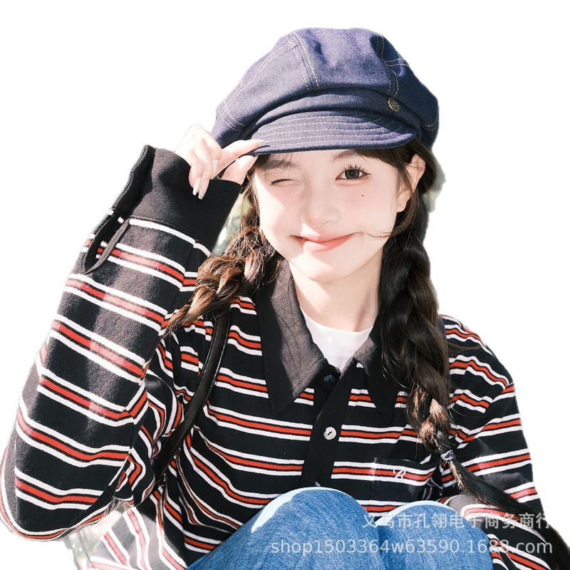 英伦复古牛仔贝雷帽女春秋新款日系复古显脸小画家帽大头围八角帽|undefined