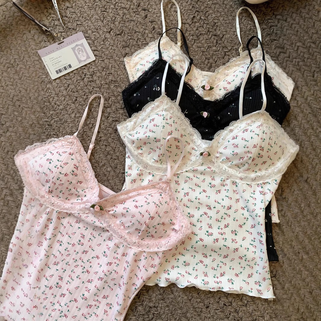 Sweet and Girly Lace Floral Camisole Women's Summer New Sweet V-Neck Tie Chest Pad Versatile Bottoming Top