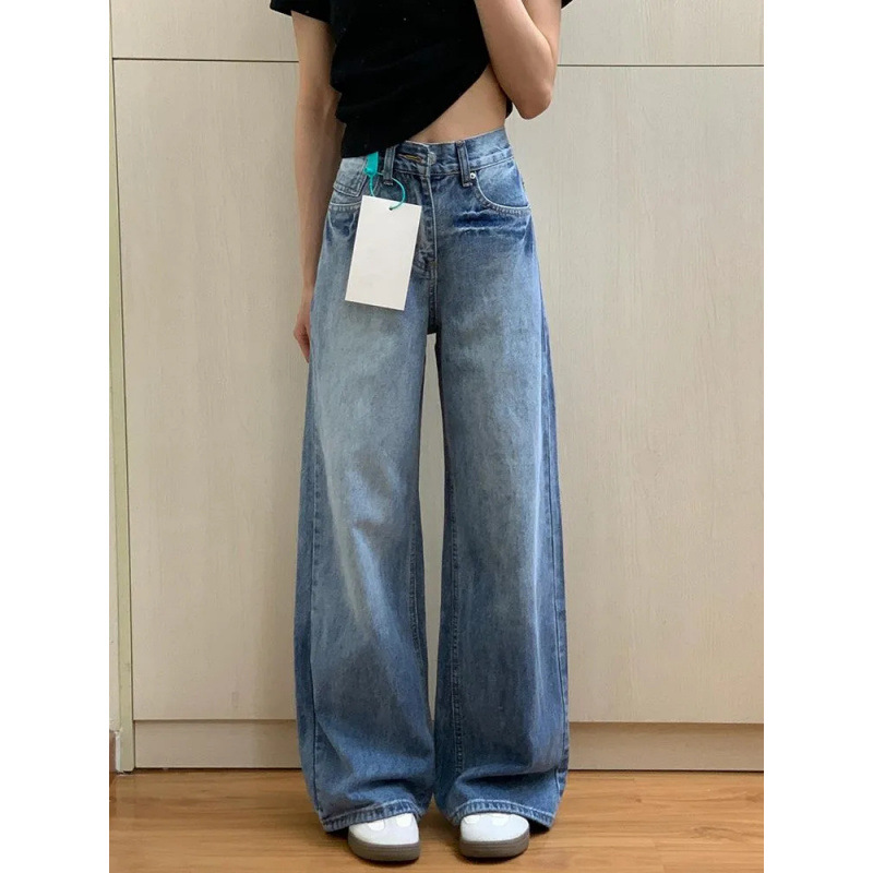 Retro Blue Wide-Leg Jeans for Women 2025 Summer New American High-Waisted Loose Slimming Look American Draped Straight Pants