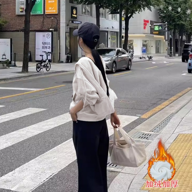 青岛即墨卫衣秋冬新款拉链抽褶连帽开衫慵懒风短款开衫上衣日韩风|undefined