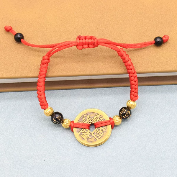Hand-Woven Bracelet Bracelet Bracelet Real Copper Five Emperors Money One Emperors Money Six-Character Flat Knot Diamond Knot Stretchable Traditional