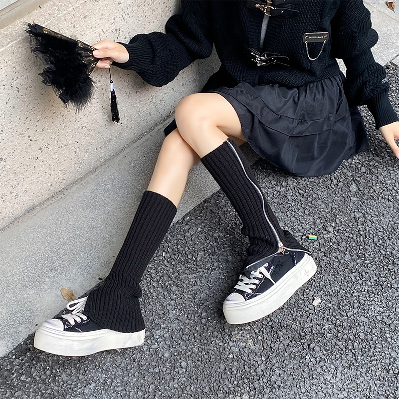 Scaldamuscoli Bootshang Calzini in cotone con cerniera per donna Primavera e autunno Inverno Vitello Scaldamuscoli in lana pesante lavorata a maglia grigia_voghion.com