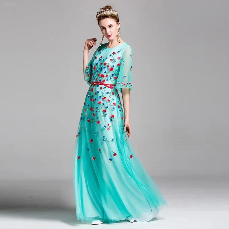 High-Quality Summer New Fashion 2026 Women's Short-Sleeve Dress with Intricate Floral Embroidery, Elegant Belt, and Floor-Length Holiday Gown