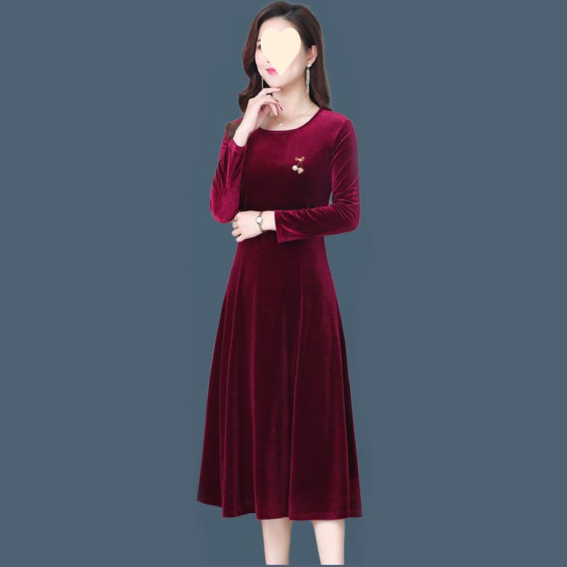 连衣裙女秋冬新款金丝绒连衣裙女中长款修身大码妈妈裙女装|undefined