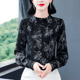 真丝印花衬衫女士长袖春秋新款妈妈立领小衫轻奢高级感桑蚕丝上衣