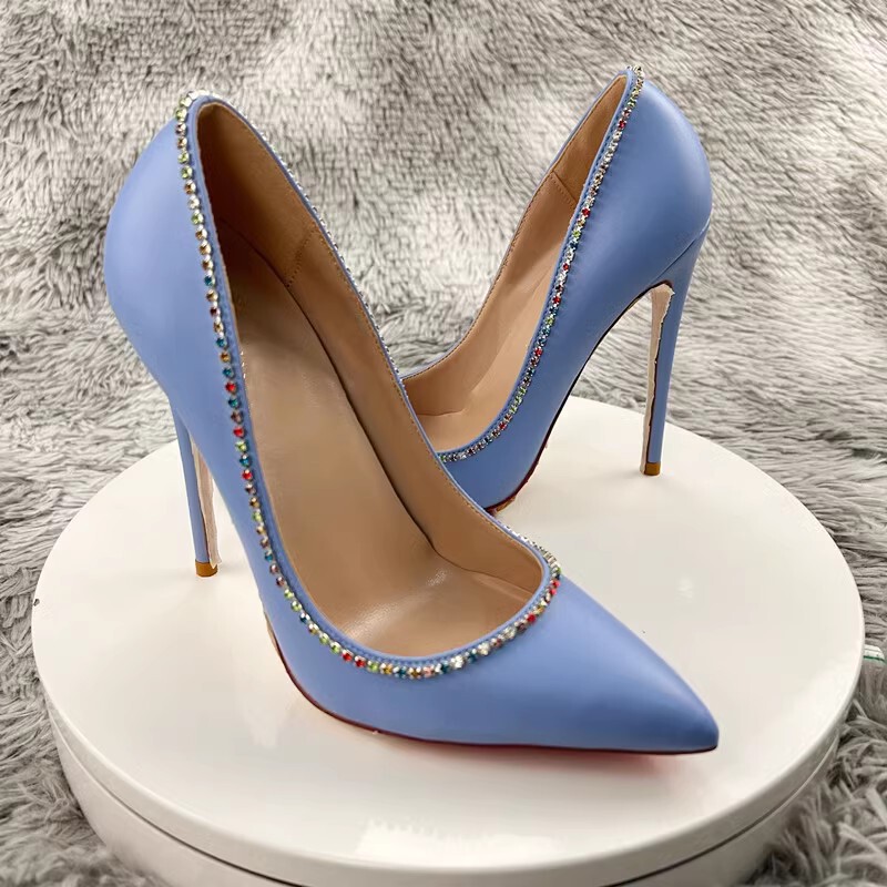 New Sky Blue Matte pointed stiletto heel low-cut high heel shoes rhinestone slimming Four Seasons shoes elegant single-layer shoes women's heel shoes
