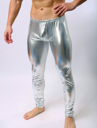 New European and American men's briefs low waist sexy silky nylon imitated patent leather long pants body-shaping pants 