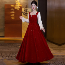 红色丝绒订婚礼服连衣裙夏季酒红色结婚新娘孕妇胖mm敬酒服显瘦