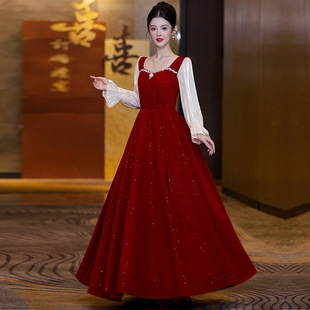 Red Velvet Engagement Dress Summer Burgundy Wedding Bride Pregnant Fat mm Toast Dress Slimming Look