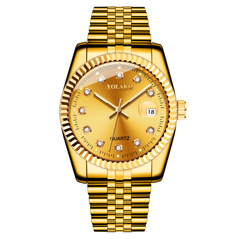 moda popular Relógio de ouro clássico com diamantes incrustados Relógio masculino Relógio masculino Cinto de aço Relógio masculino não mecânico_voghion.com
