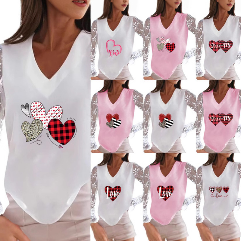 in stock 2025 New Amazon wish AliExpress Love Pattern Printed V-Neck Lace Sleeve Women's T-Shirt Base Shirt