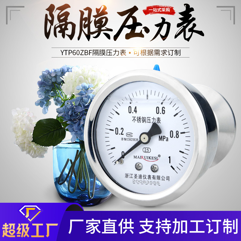 轴向无边卫生型隔膜压力表YTP60ZBF 水压气压油压卡箍连接压力表