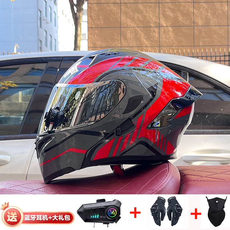 Casco de exposición Orz para hombres y mujeres invierno Doble espejo coche eléctrico semi-Casco completo cola de color coche deportivo ranura Bluetooth cuatro estaciones casco