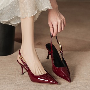 High Heels for Women 2025 New Style Metal Stiletto Pointed Toe Strap Sexy Red Patent Leather Toe Sandals