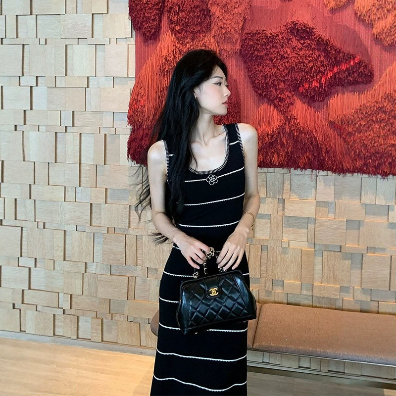 Chanel-Style Camellia Black and White Striped Sleeveless Dress with a Stylish U-Neck Design, Slim Fit, Long Bodycon Dress