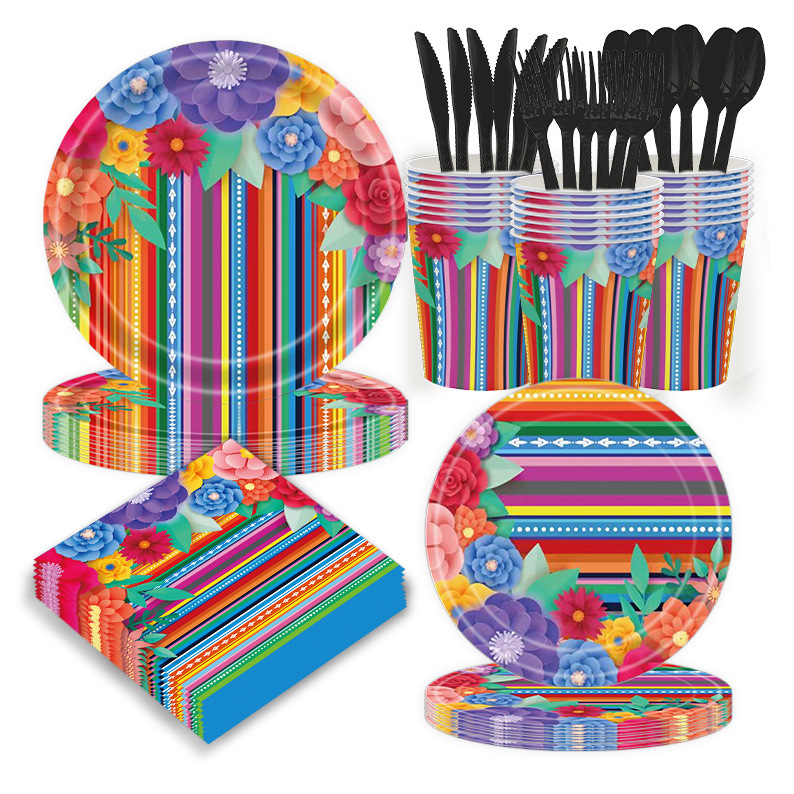 Mexican Carnival Decoration Disposable Tableware Colorful Flowers Mardi Gras Children's Party Paper Plate Paper Cup Tissue