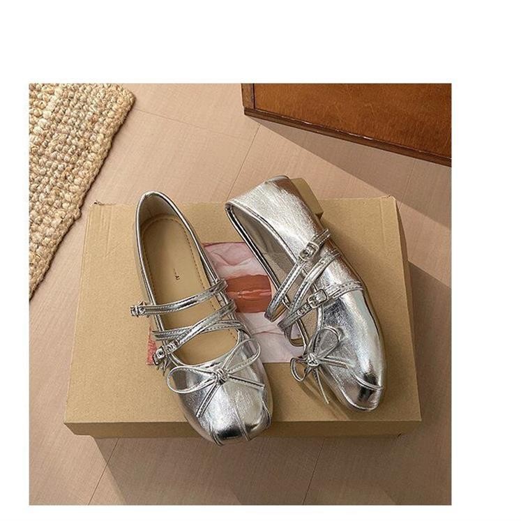 Retro zapatos mary-zhen plateados cuadrados arco zapatos para mujeres 2026 primavera y verano nuevos zapatos de ballet de cuero suave para mujeres