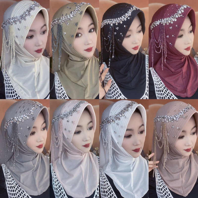 Popular Style: Starry Sands Sponge Soft Brimmed Hat with Convenient Pull-On Style and Gauze Head Covering (Light Luxury Rhinestone Tassel Style)