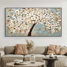 古典高清现代简约单幅抽象树与白花 喷绘画 创意沙发背景墙油画