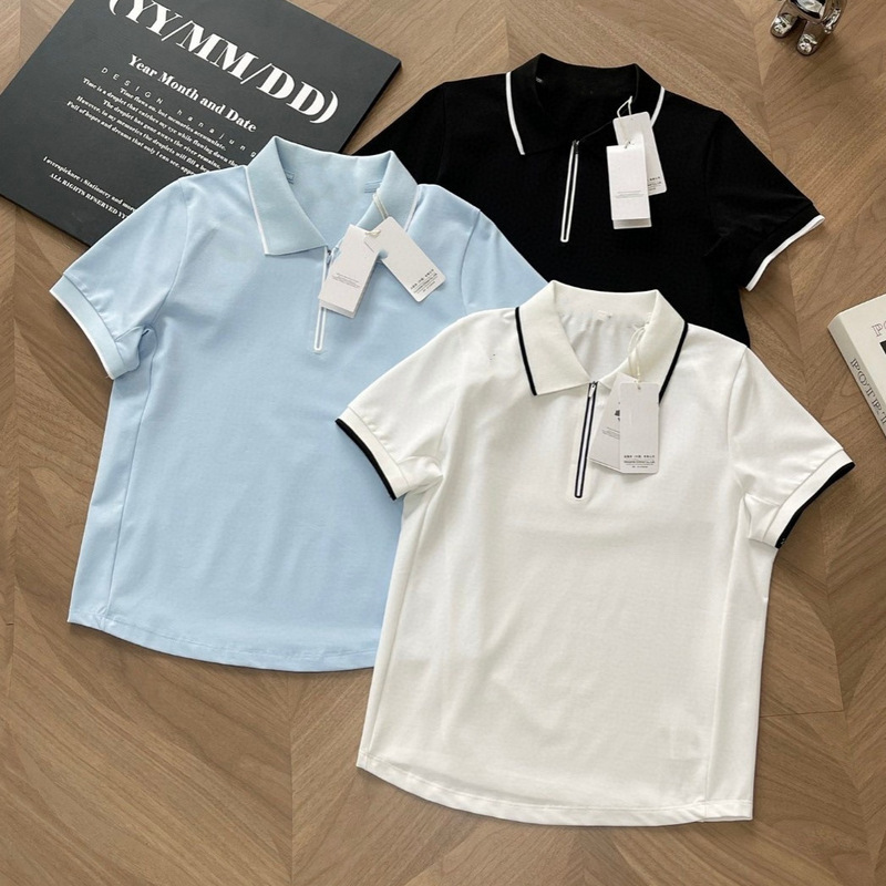 2026 Summer New Dior Half-Zip Color-Block Polo Shirt for Women, Ice Silk Breathable Turn-Down Collar Short-Sleeve Commuter Top