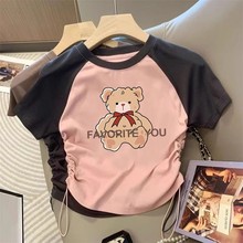 棉质女童夏装抽绳短袖T恤四只熊卡通印图收腰高腰短款独特上衣服
