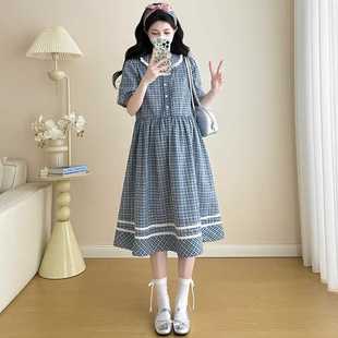 Summer New Maternity Lace Plaid Small Fresh Loose Fashionable Temperament Tight Waist Slimming Mid-length dress