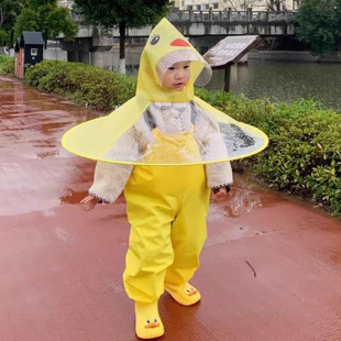 Children's Flying Saucer Raincoat Kindergarten Baby's Shake Sound Boy's Head-Mounted Cape Rain Hat Strap Pants suit Yellow Duck