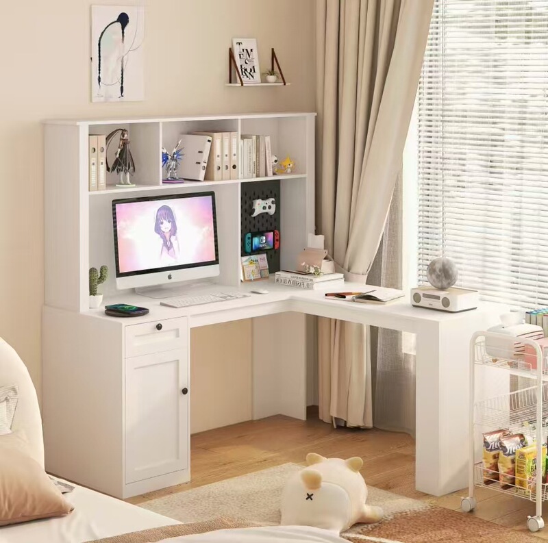 Cross-Border E-Commerce Foreign Trade L-Shaped Desk with a Power Outlet, Computer Desk with Drawers, with Bookshelf and Storage
