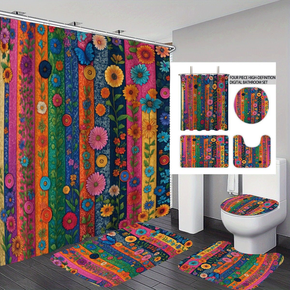 Agente de poliéster Mei Ke más cortina de baño impermeable serie de agua floral 3D impresión digital cortina de baño cuatro piezas alfombra absorbente