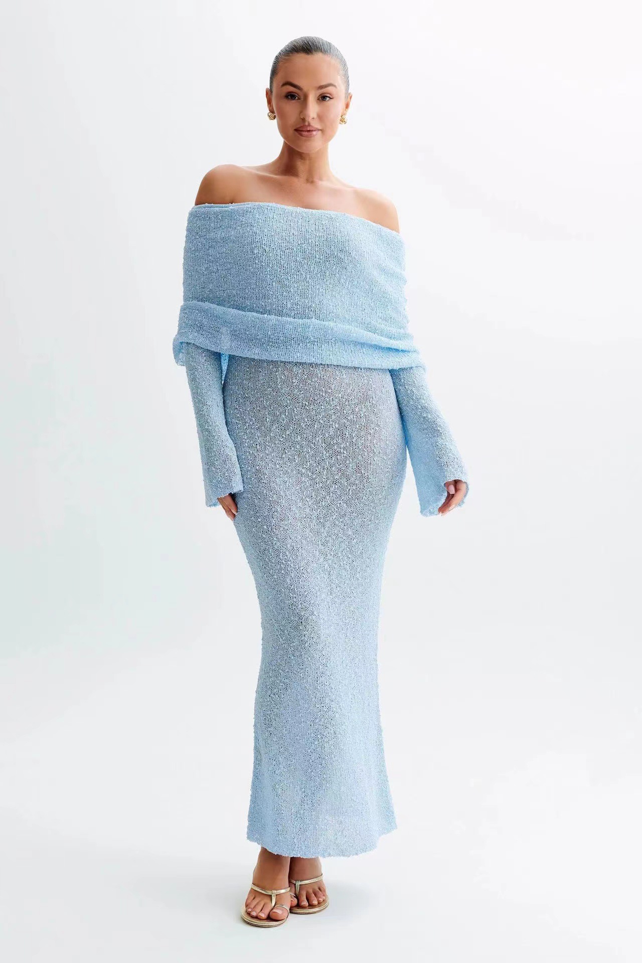 Damenbekleidung Strandkleid mit langen Ärmeln, gestrickt, einschultriges Kleid, langer Rock_voghion.com