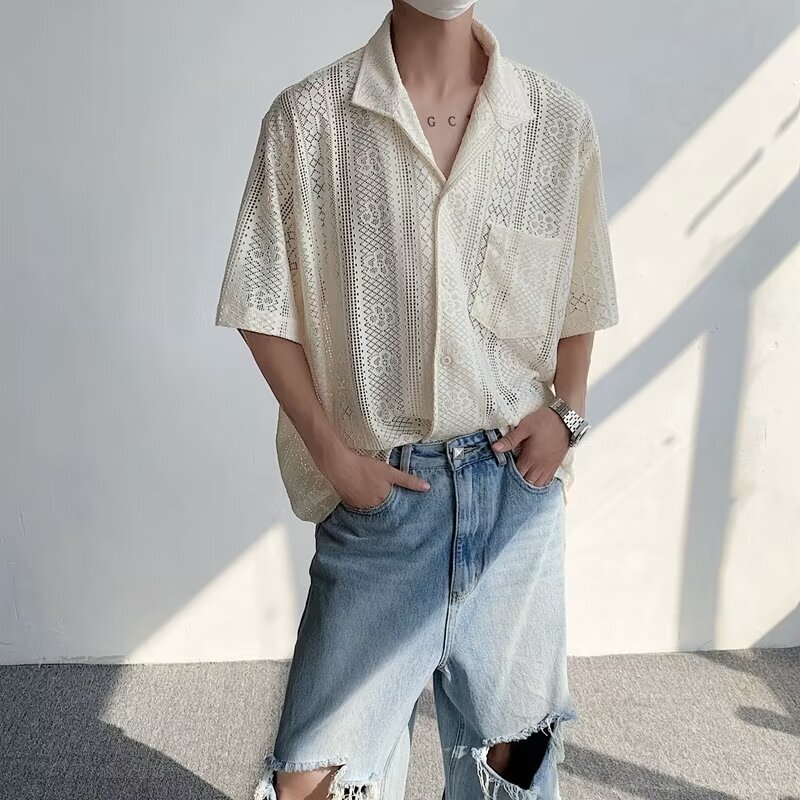 Cuban Collar Shirt Casual Unisex Sunscreen Short Sleeve Shirt Summer Thin Retro Breathable Hollow Lace Top for Men Cuban Collar Shirt Casual Unisex Sunscreen Short Sleeve Shirt Summer Thin Retro Breathable Hollow Lace Top for Men