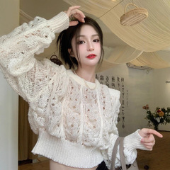 镂空泡泡袖针织衫女秋季小众设计感气质收腰显瘦麻花短款长袖上衣