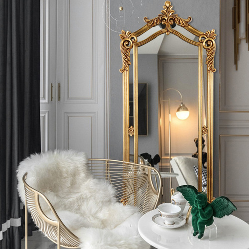 Full-Length Mirror with European Carved Scrollwork Vintage Dressing Mirror, Salon Full-Length Mirror, PU Floor Mirror