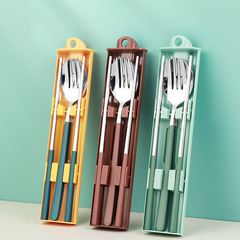 New Product 304 Stainless Steel Spoons, Forks, and Chopsticks Three-Piece Set Portable Travel Utensil Pull-out Box Creative Student Camping Utensils