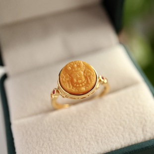 Natural Old Beeswax Amber Sterling Silver Ring Zakiram Female God of Wealth Beads Old Wax Jewelry Live Supply