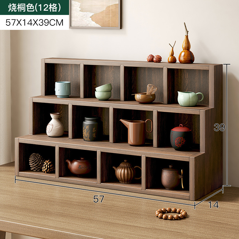 Portavasos de té a cuadros de madera maciza ceremonia del té olla de arcilla púrpura estante de exhibición montado en la pared Duobao Pavilion mesa de té escritorio antiguo estante pequeño