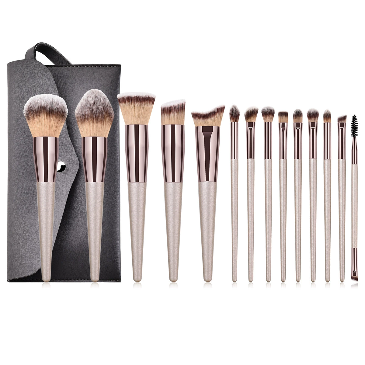 Набор кистей (FINDCOLOR MAKEUP) 14 шт., ручки цвета шампань, чехол для путешествий