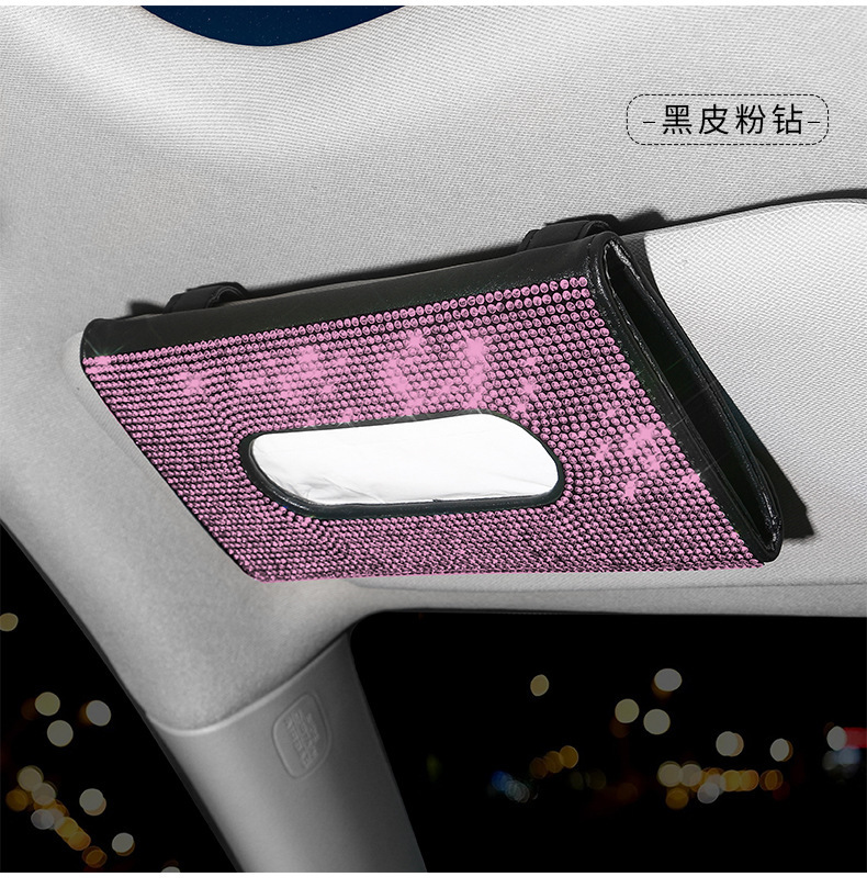 Car Sun Visor Tissue Box Leather Seat Back Diamond Tissue Holder Creative Fashion Women's Rhinestone Car Tissue Box