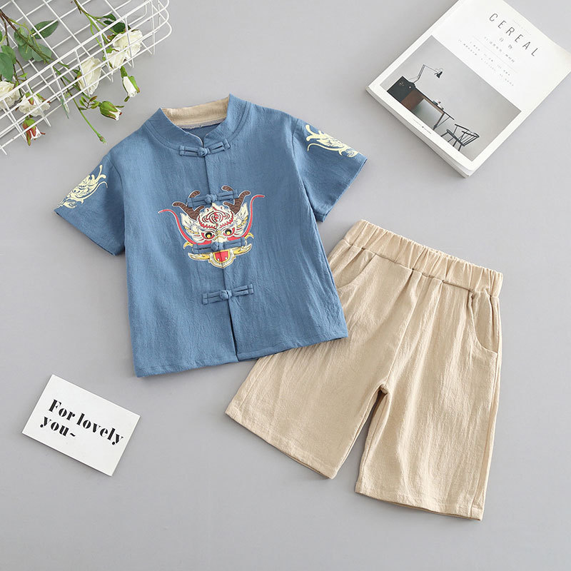 Children's Daily Hanfu Boys' New Chinese Style National Style Tang Style Summer Girl's Children's Ethnic Costume Baby's Short-Sleeved suit Children's Daily Hanfu Boys' New Chinese Style National Style Tang Style Summer Girl's Children's Ethnic Costume Baby's Short-Sleeved suit