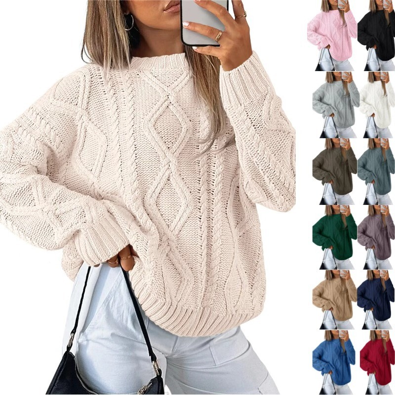2025 Cross-Border Amazon Independent Station European and American Style Oversized Cable Knitted Round Neck Autumn and Winter Twist Sweater Hot Style