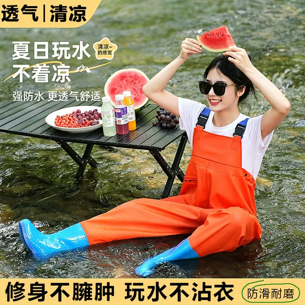 Adult women's one-piece wading pants for sea fishing, waterproof wading suit with integrated water shoes